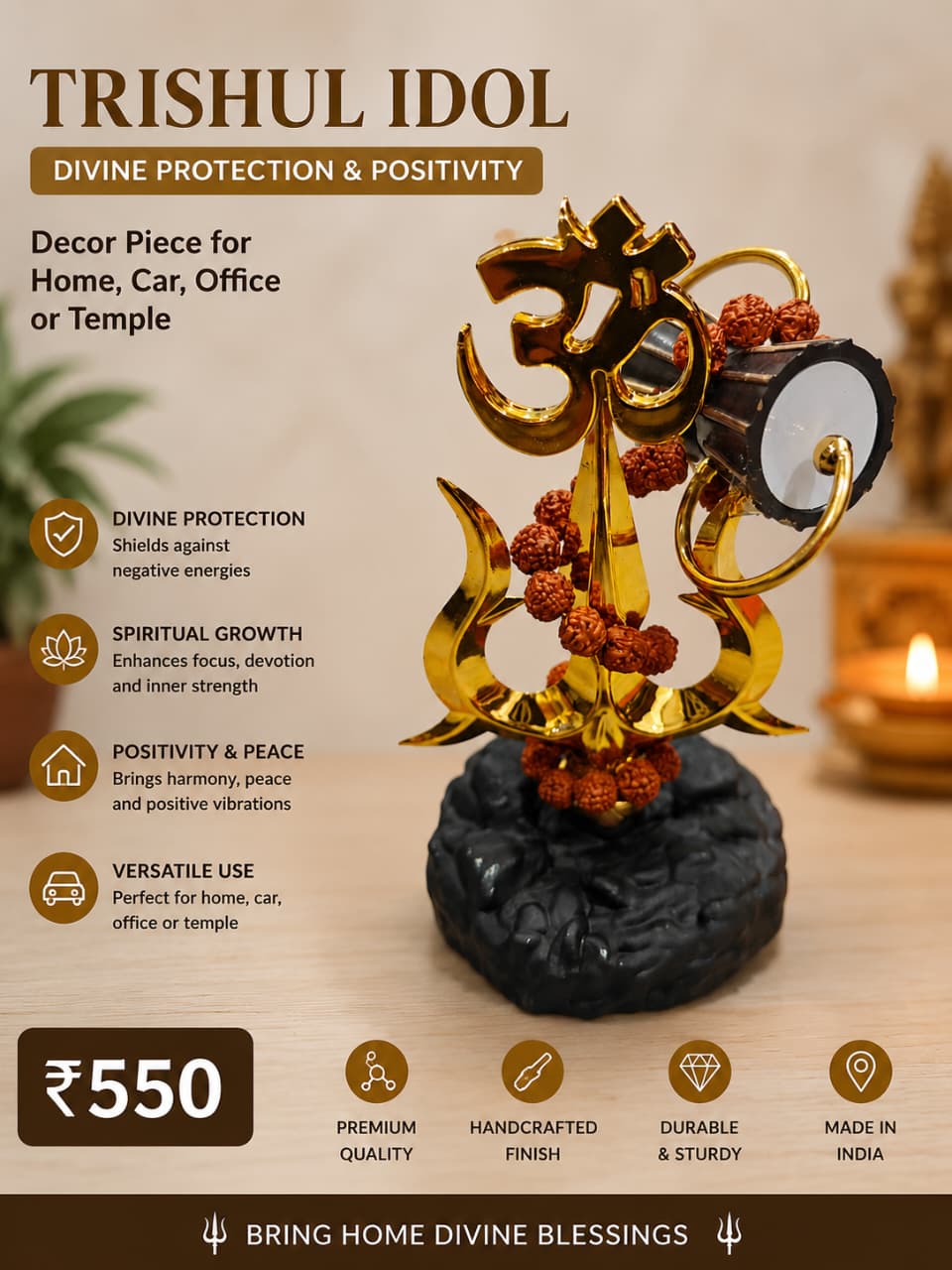 Trishul Idol with Rudraksha