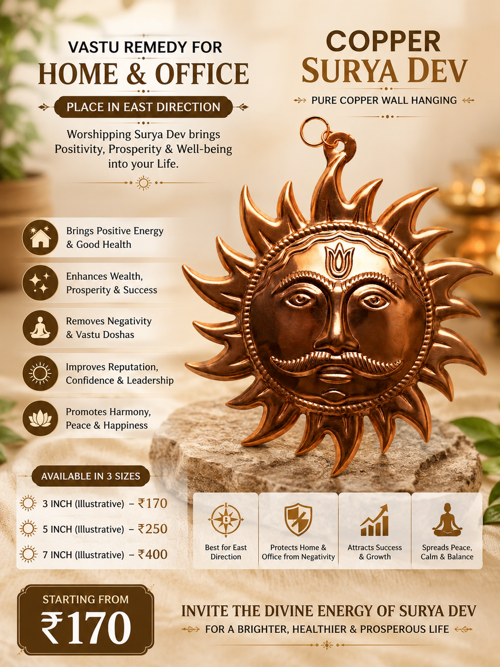 Surya Dev wall hanging- Copper